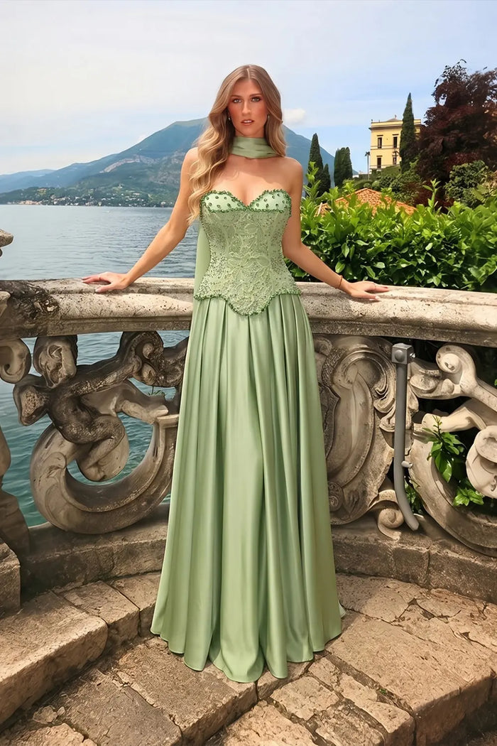 Sage Green Strapless Lace Corset Satin Maxi evening dress ST002 Sheer Fairy