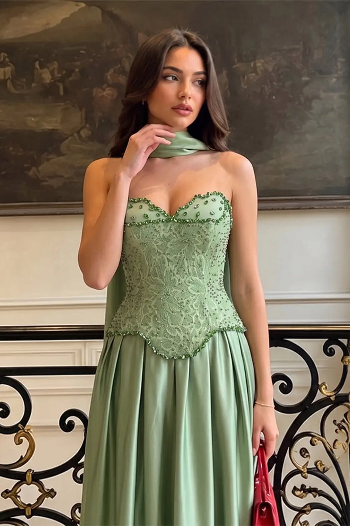 Sage Green Strapless Lace Corset Satin Maxi evening dress ST002 Sheer Fairy