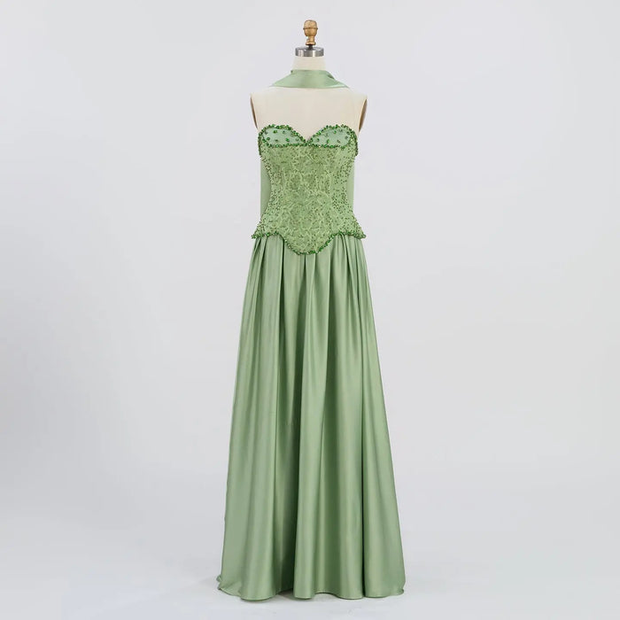 Sage Green Strapless Lace Corset Satin Maxi Evening Dress ST002 Sheer Fairy