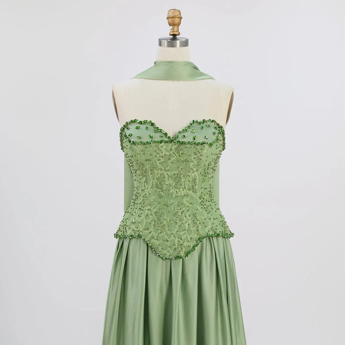 Sage Green Strapless Lace Corset Satin Maxi Evening Dress ST002 Sheer Fairy