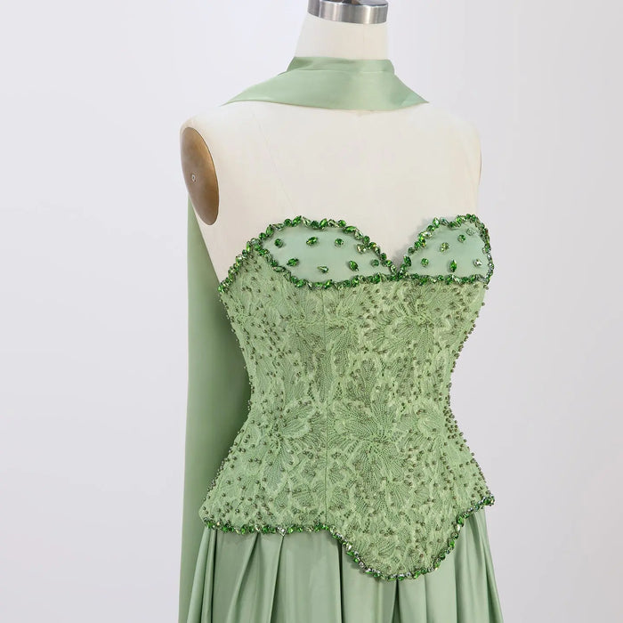 Sage Green Strapless Lace Corset Satin Maxi Evening Dress ST002 Sheer Fairy