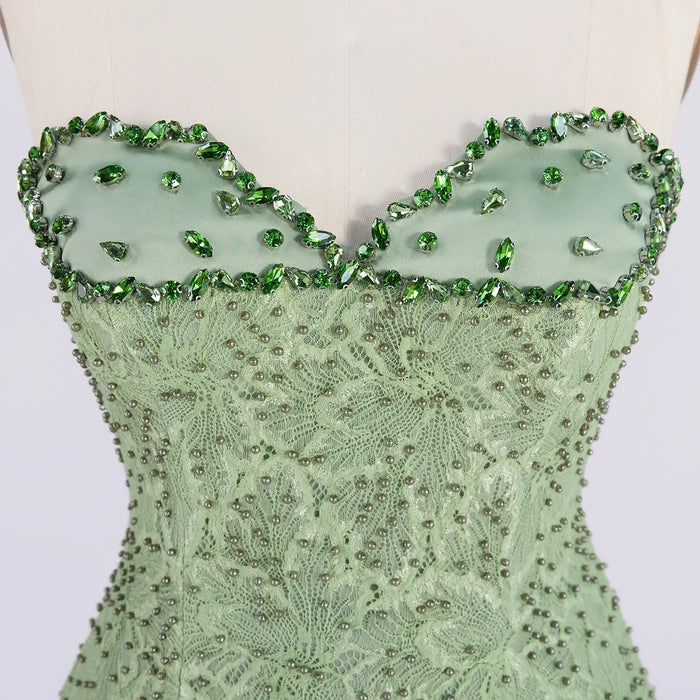 Sage Green Strapless Lace Corset Satin Maxi Evening Dress ST002 Sheer Fairy