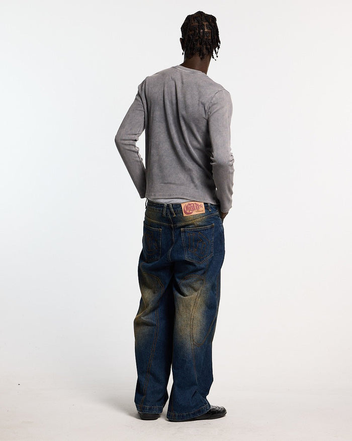 SAINTLESS LONGSLEEVE GREY - grey graphic print longsleeve tee, back view on male model - Cold Culture #man