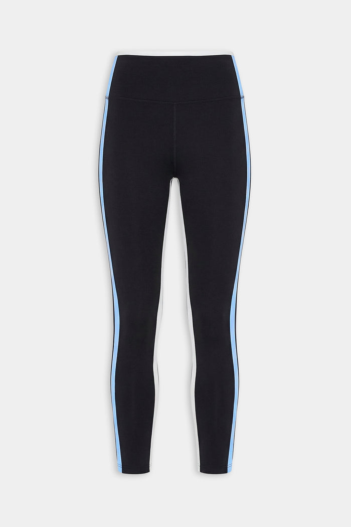 The SPLITS59 Sam High Waist Rigor 7/8 leggings in Black/Skylight feature Rigor fabric, a run-tight fit, and light blue side stripes, shown on a white background.