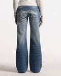 SCRIPT BOOTCUT JEANS BLUE - blue washed bootcut jeans, back view on female model - Cold Culture #woman