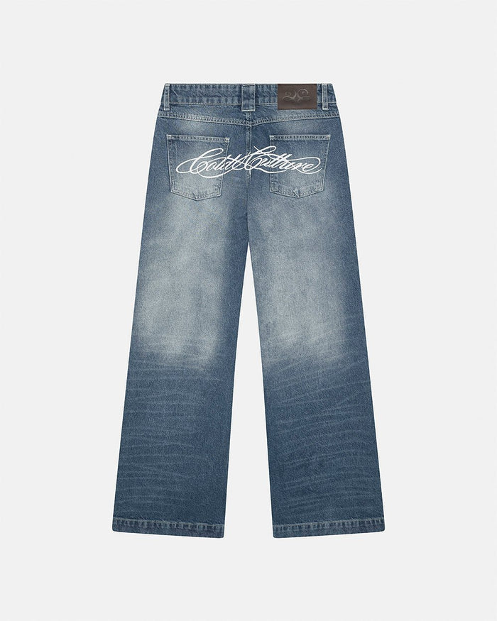 SCRIPT BOOTCUT JEANS BLUE - blue washed bootcut jeans, back view - Cold Culture