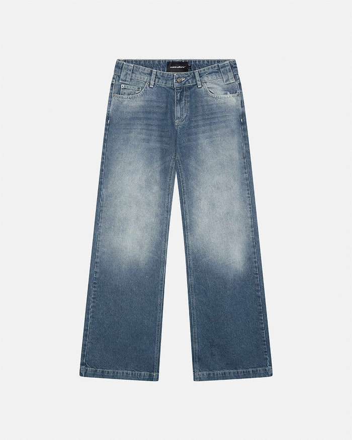 SCRIPT BOOTCUT JEANS BLUE - blue washed bootcut jeans, front view - Cold Culture