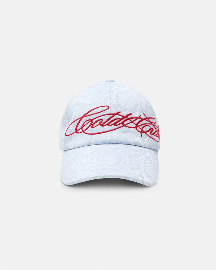 SCRIPT MESH CAP WHITE - white snake print cap, front view - Cold Culture