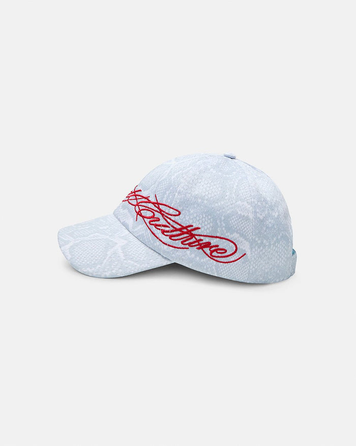 SCRIPT MESH CAP WHITE - white snake print cap, side view - Cold Culture