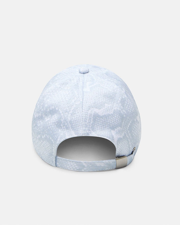 SCRIPT MESH CAP WHITE - white snake print cap, back view - Cold Culture