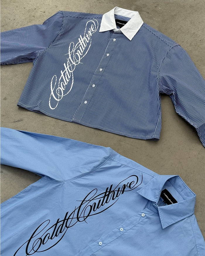 SCRIPT SHIRT BLUE & WHITE - blue striped long sleeve shirt, flat lay with matching pieces - Cold Culture