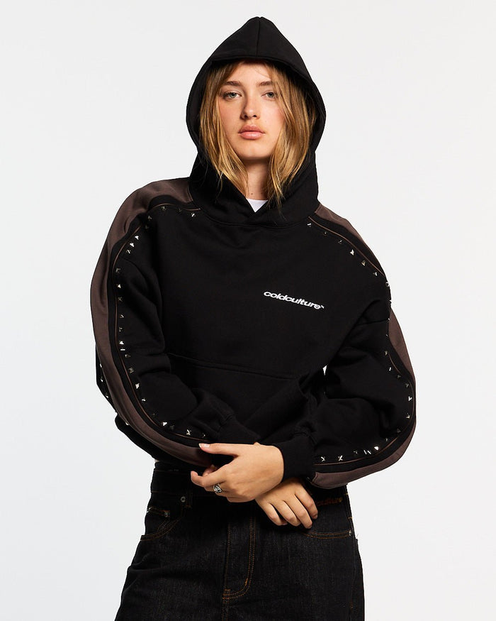 SCRIPT STUDS HOODIE BLACK - black studded hoodie, front view on female model - Cold Culture #woman