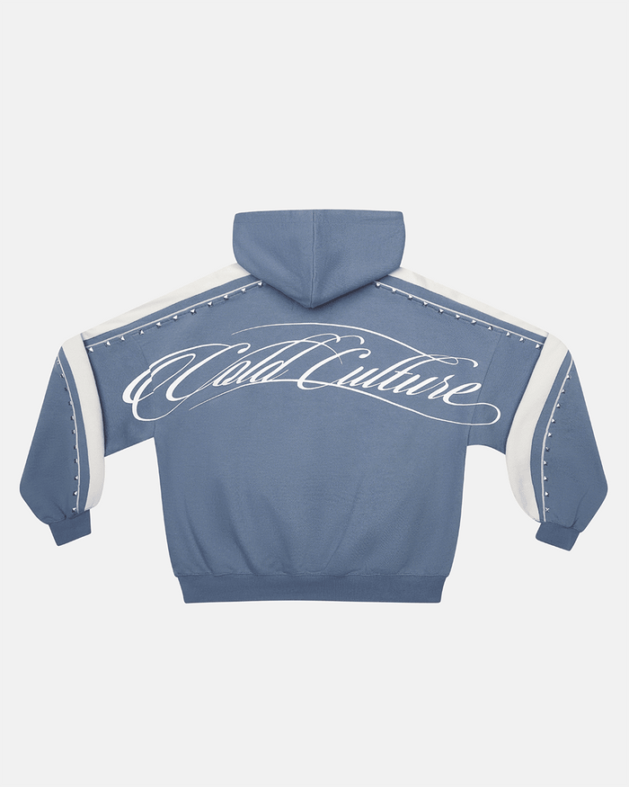 SCRIPT STUDS HOODIE BLUE - blue studded hoodie, back view - Cold Culture
