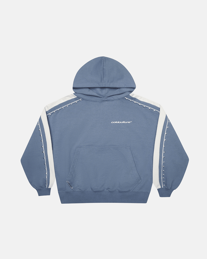 SCRIPT STUDS HOODIE BLUE - blue studded hoodie, front view - Cold Culture