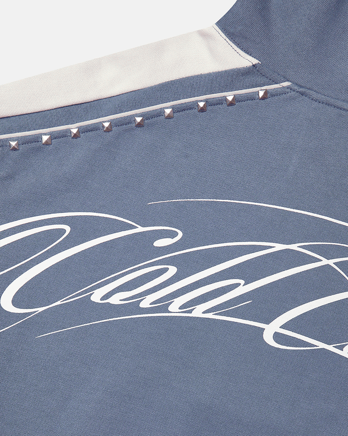 SCRIPT STUDS HOODIE BLUE - blue studded hoodie, detail close-up - Cold Culture