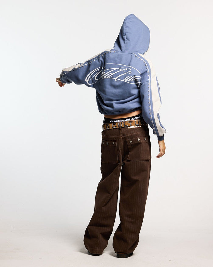 SCRIPT STUDS HOODIE BLUE - blue studded hoodie, back view on female model - Cold Culture #woman