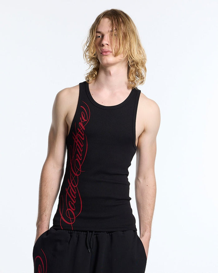 SCRIPT TANK TOP BLACK - black ribbed tank top, front view on male model - Cold Culture