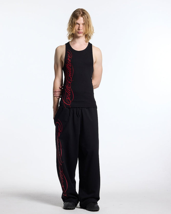 SCRIPT TANK TOP BLACK - black ribbed tank top, front view on male model - Cold Culture