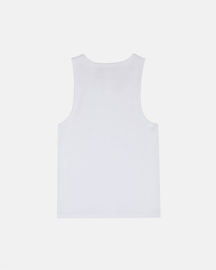 SCRIPT TANK TOP WHITE - white ribbed tank top, back view - Cold Culture
