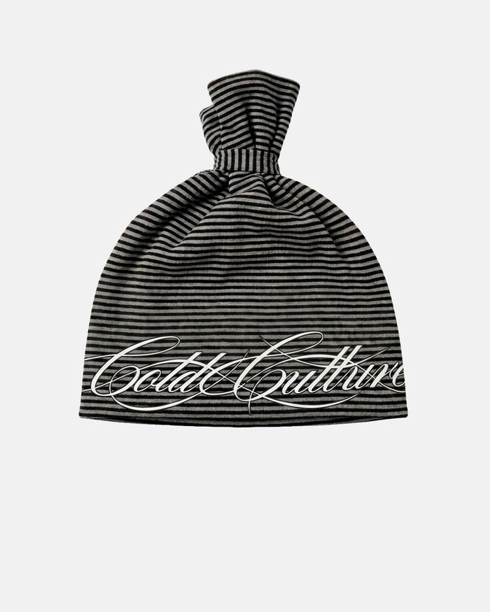SCRIPTED STRIPES KNOT BEANIE BLACK - black striped knot beanie, front view - Cold Culture
