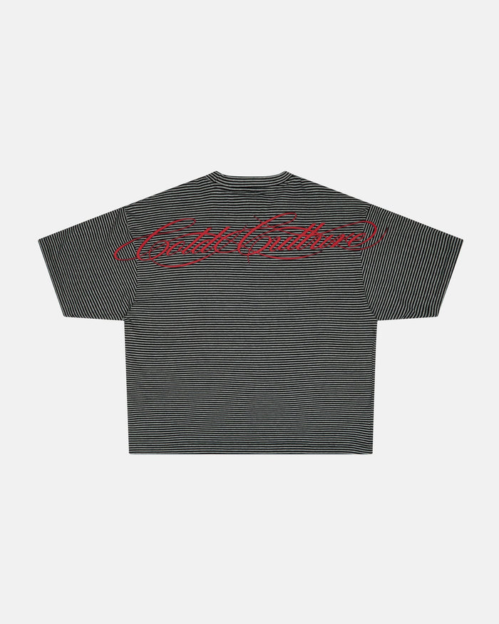 SCRIPTED STRIPES TEE BLACK - black striped tee, back view - Cold Culture