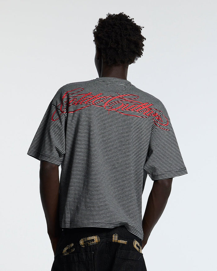 SCRIPTED STRIPES TEE BLACK - black striped tee, back view on male model - Cold Culture