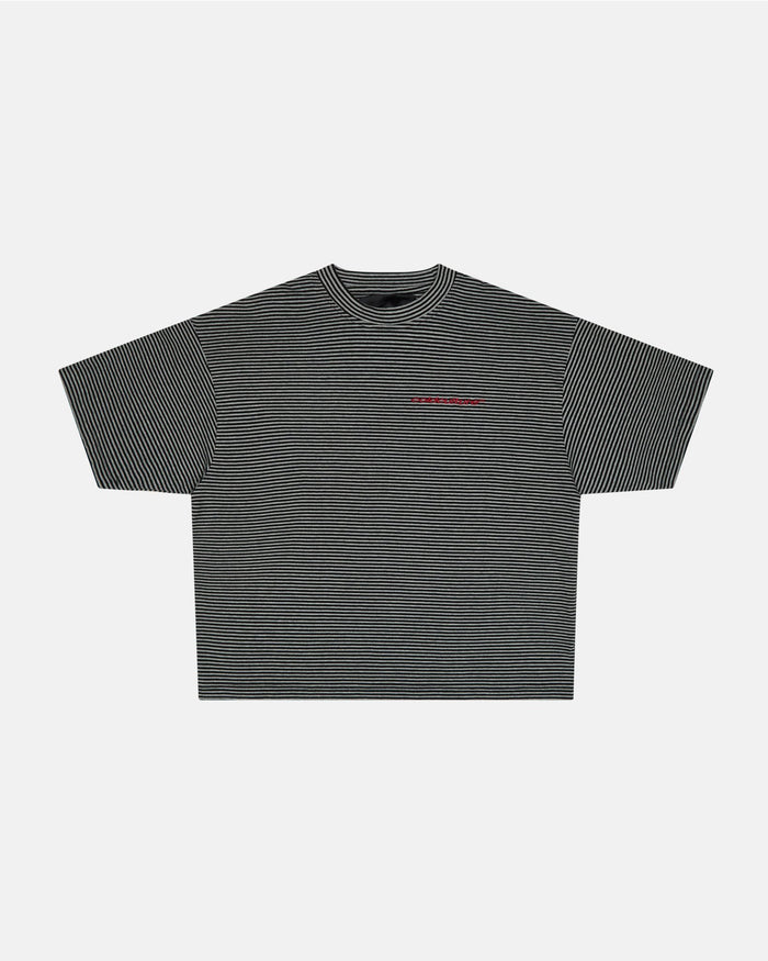 SCRIPTED STRIPES TEE BLACK - black striped tee, front view - Cold Culture
