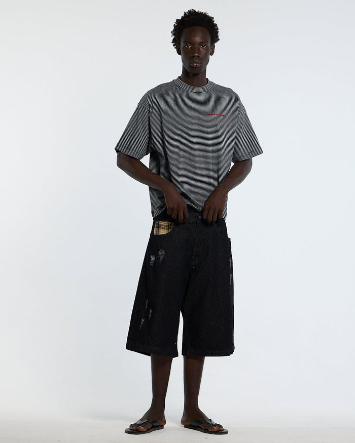 SCRIPTED STRIPES TEE BLACK - black striped tee, front view on male model - Cold Culture