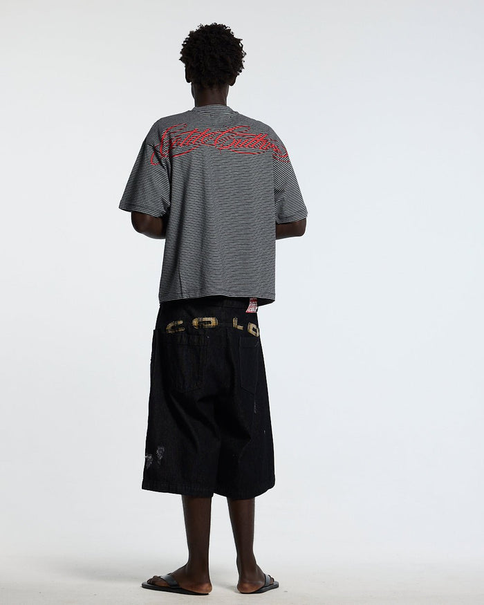 SCRIPTED STRIPES TEE BLACK - black striped tee, back view on male model - Cold Culture