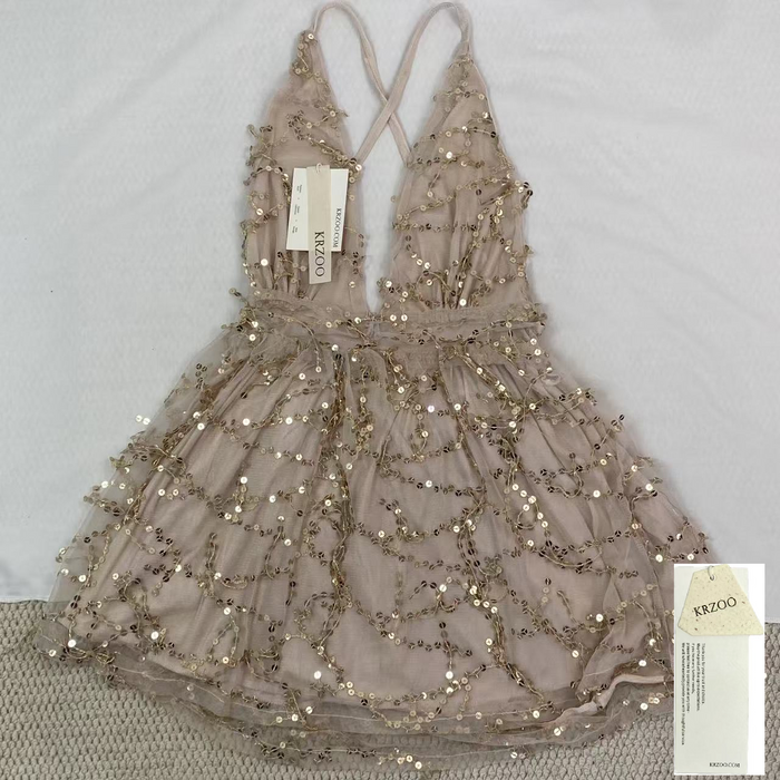sequined deep V-neck backless short dress
