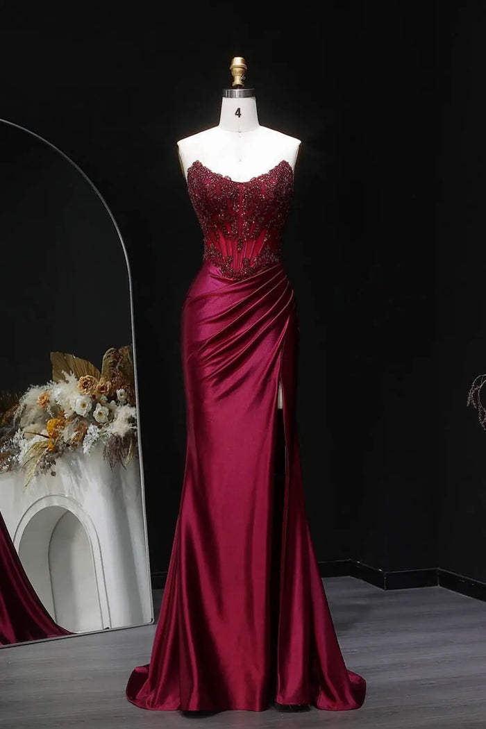 Sexy Backless Mermaid Burgundy Satin Prom Dress for Women SH353 Sheer Fairy