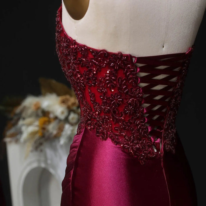 Sexy Backless Mermaid Burgundy Satin Prom Dress for Women SH353 Sheer Fairy