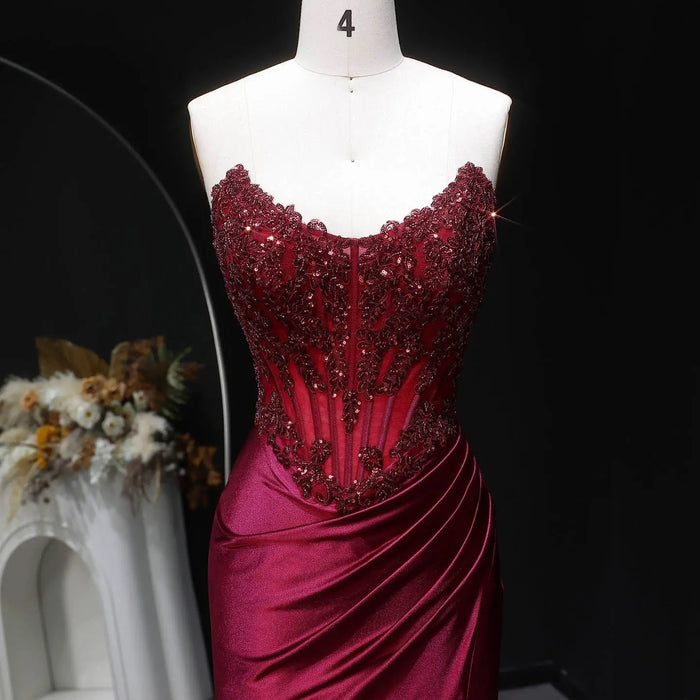 Sexy Backless Mermaid Burgundy Satin Prom Dress for Women SH353 Sheer Fairy