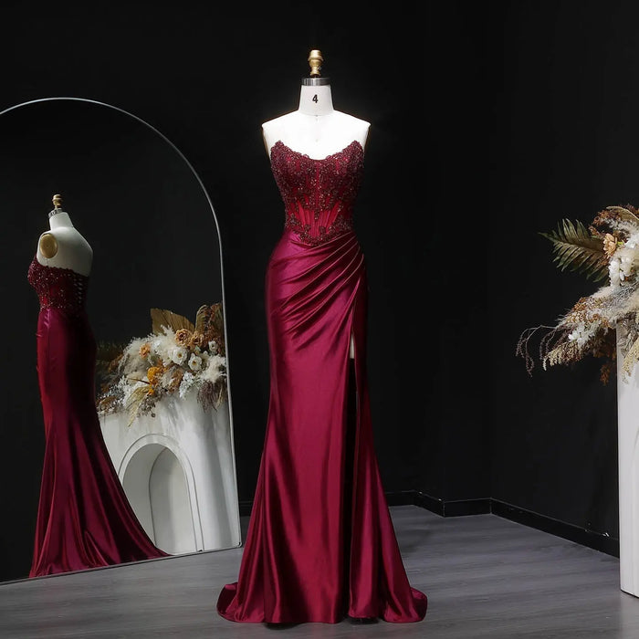 Sexy Backless Mermaid Burgundy Satin Prom Dress for Women SH353 Sheer Fairy