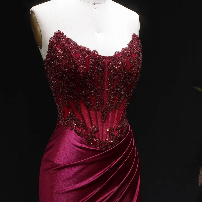 Sexy Backless Mermaid Burgundy Satin Prom Dress for Women SH353 Sheer Fairy