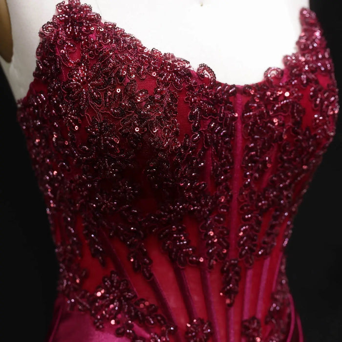 Sexy Backless Mermaid Burgundy Satin Prom Dress for Women SH353 Sheer Fairy