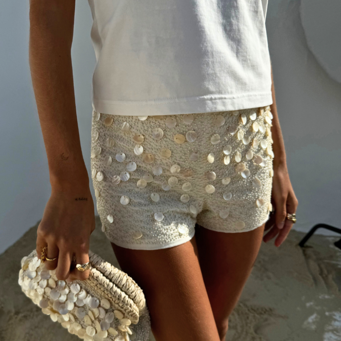 Cream Shells Hot Pants featuring pearlescent sea shell beads and delicate glass bead embellishments.