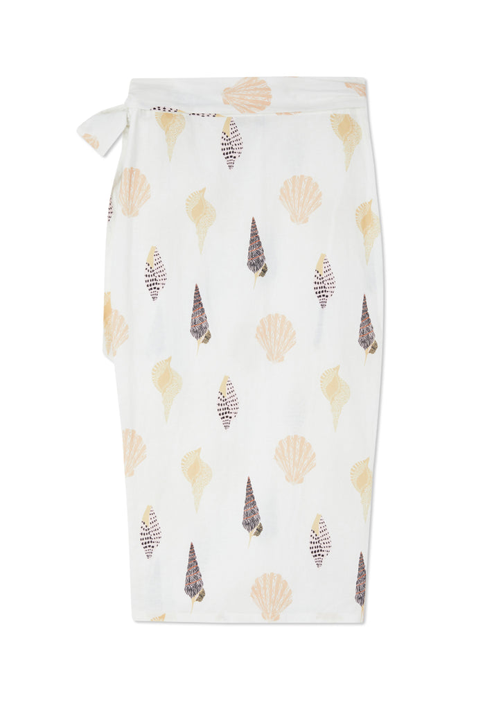White cotton-linen Shells Jaspre Wrap Skirt with an all-over neutral shell print and multi-wear wrap tie.