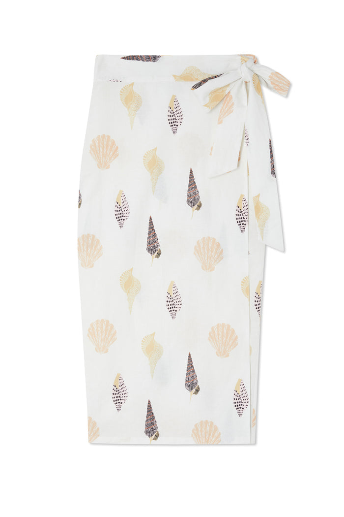 Iconic white Shells Jaspre wrap skirt in a cotton-linen blend with a seashell print and multi-wear tie.