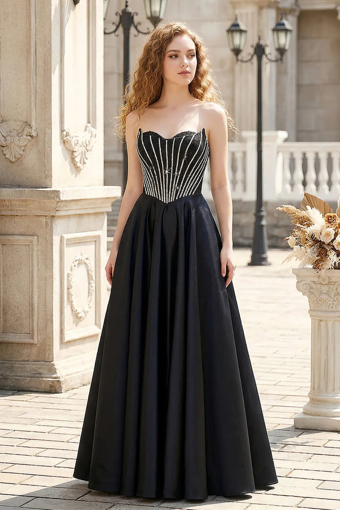 Shiny Beads Sexy Backless Satin Long Black Prom Dress SH632 Sheer Fairy