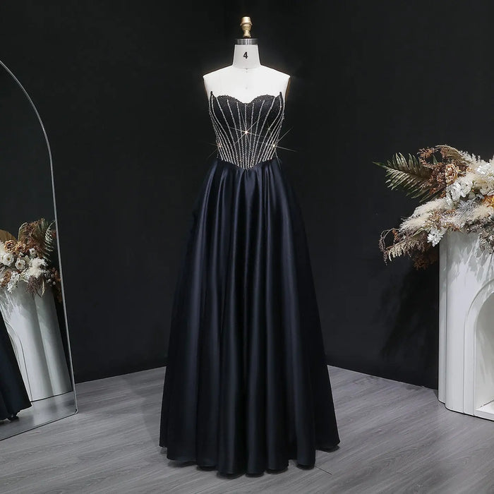 Shiny Beads Sexy Backless Satin Long Black Prom Dress SH632 Sheer Fairy