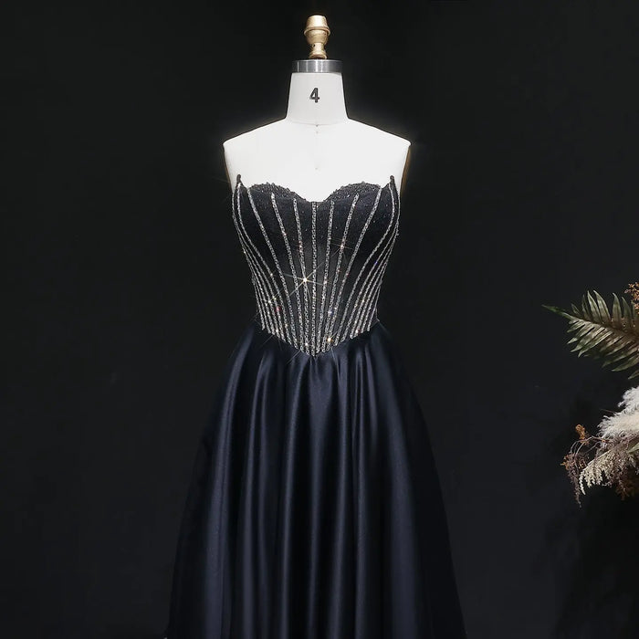 Shiny Beads Sexy Backless Satin Long Black Prom Dress SH632 Sheer Fairy