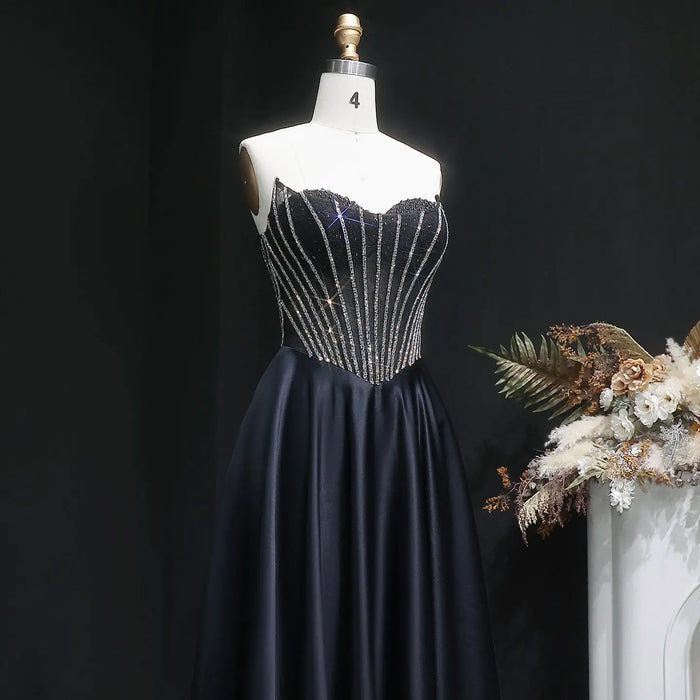 Shiny Beads Sexy Backless Satin Long Black Prom Dress SH632 Sheer Fairy