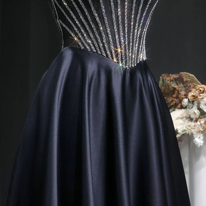 Shiny Beads Sexy Backless Satin Long Black Prom Dress SH632 Sheer Fairy