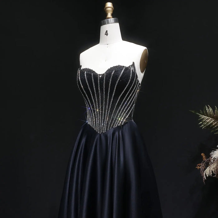 Shiny Beads Sexy Backless Satin Long Black Prom Dress SH632 Sheer Fairy