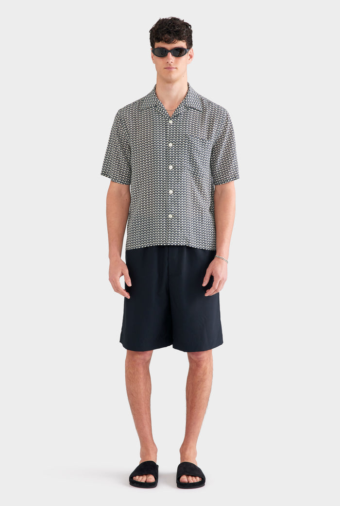 Short Sleeve Silk Camp Collar Shirt - Cream/Navy/Brown V Monogram