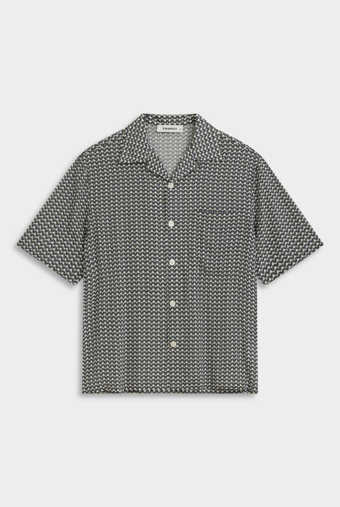 Venroy SS Silk Camp Collar Shirt - Cream/Navy/Brown V Monogram