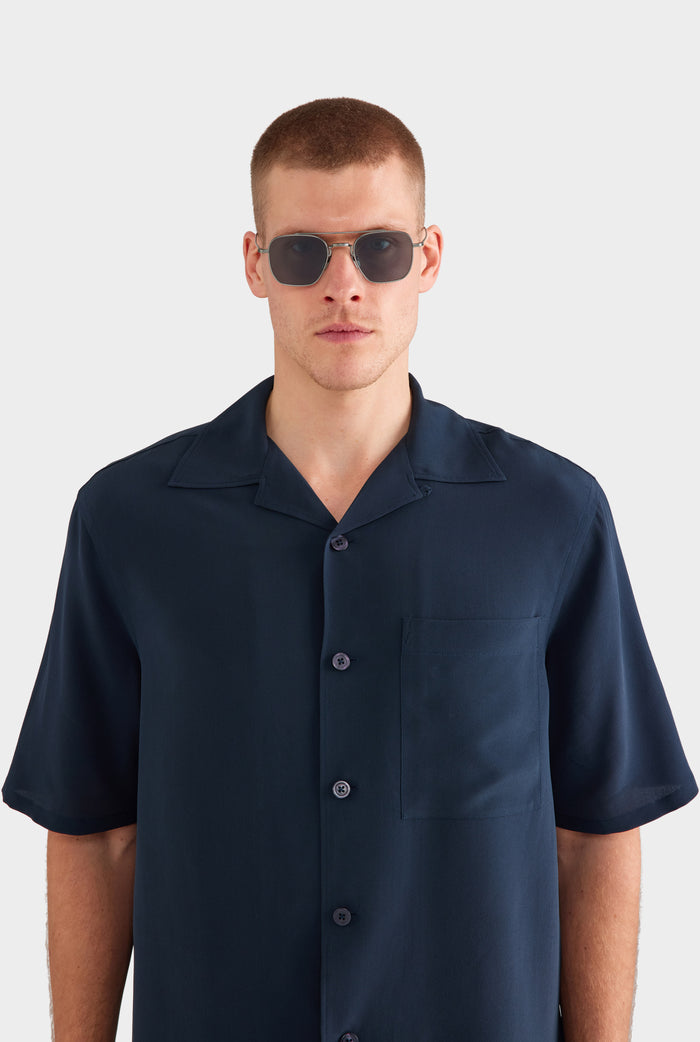 Short Sleeve Silk Camp Collar Shirt - Navy