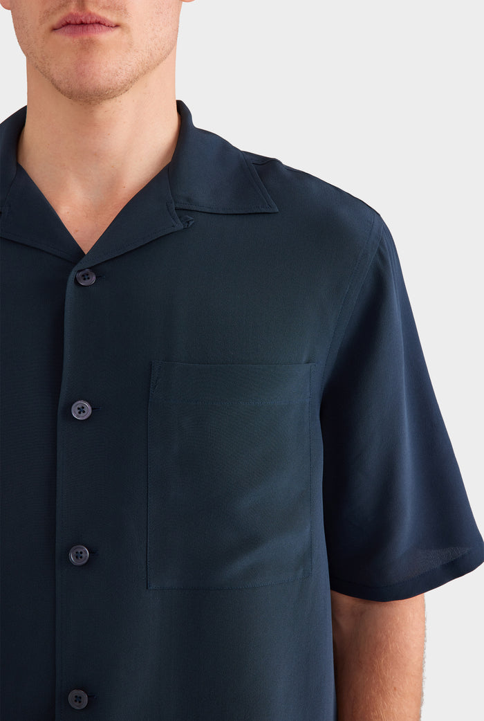 Short Sleeve Silk Camp Collar Shirt - Navy