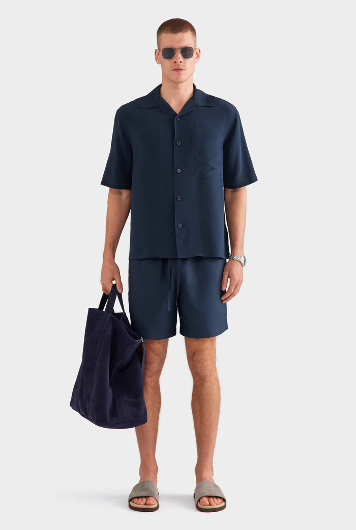 Short Sleeve Silk Camp Collar Shirt - Navy